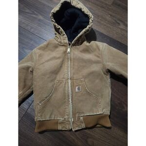 Carhartt Jacket Kids 8 Brown Canvas Hooded Quilted Lined Bomber Workwear